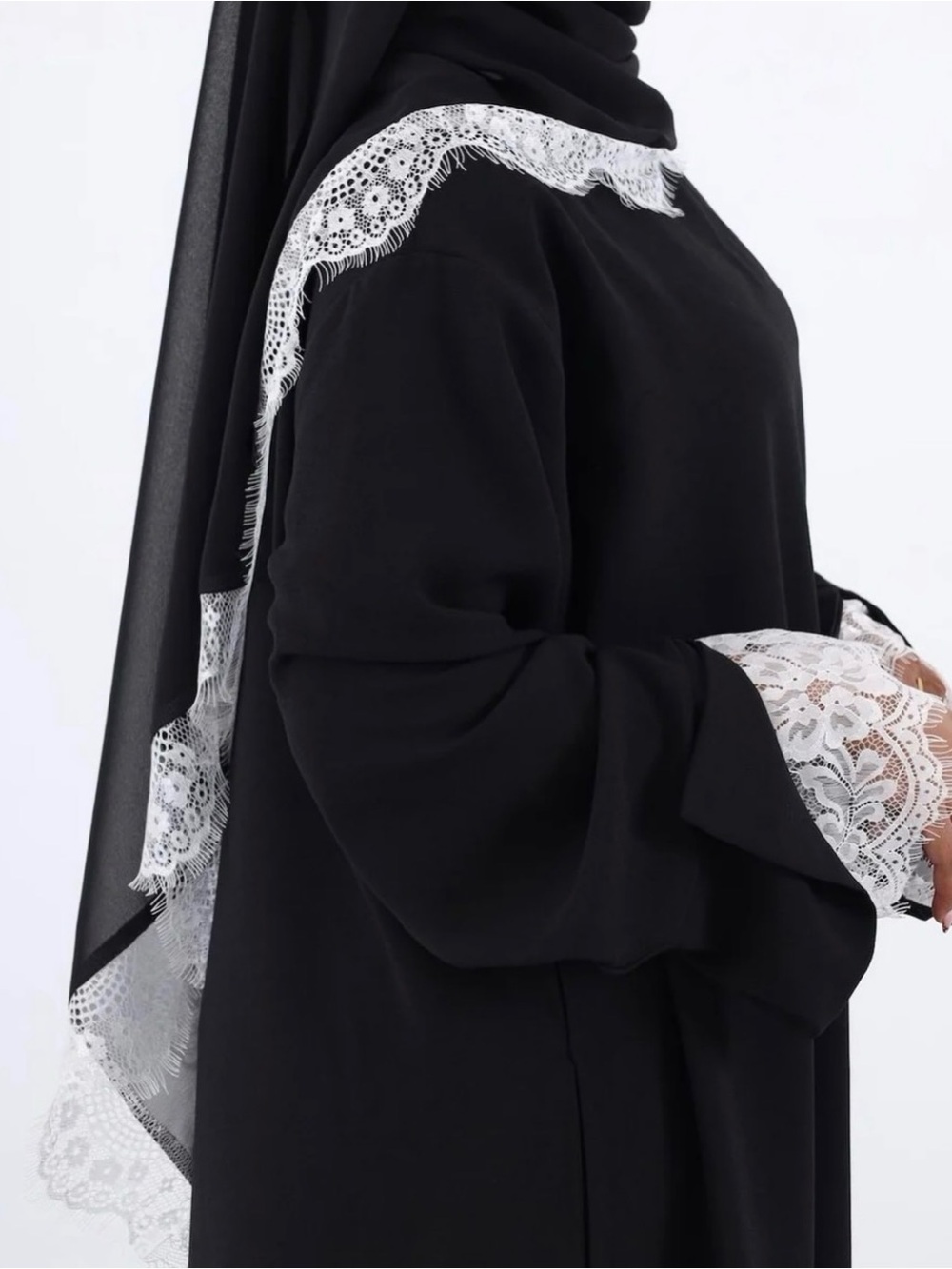 Black Nida Abaya Set w/ White Lace Trim + Chiffon Shayla  – Elegant Modest